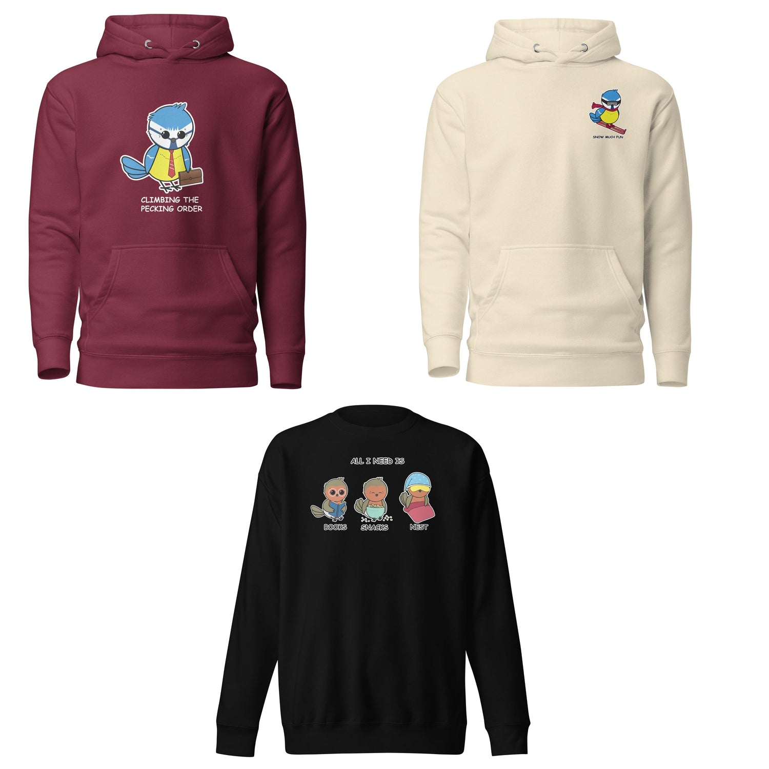 Cozy long sleeve shirts and sweatshirts with cute, hand-drawn bird illustrations. Perfect for bird lovers who like to stay warm and comfy.