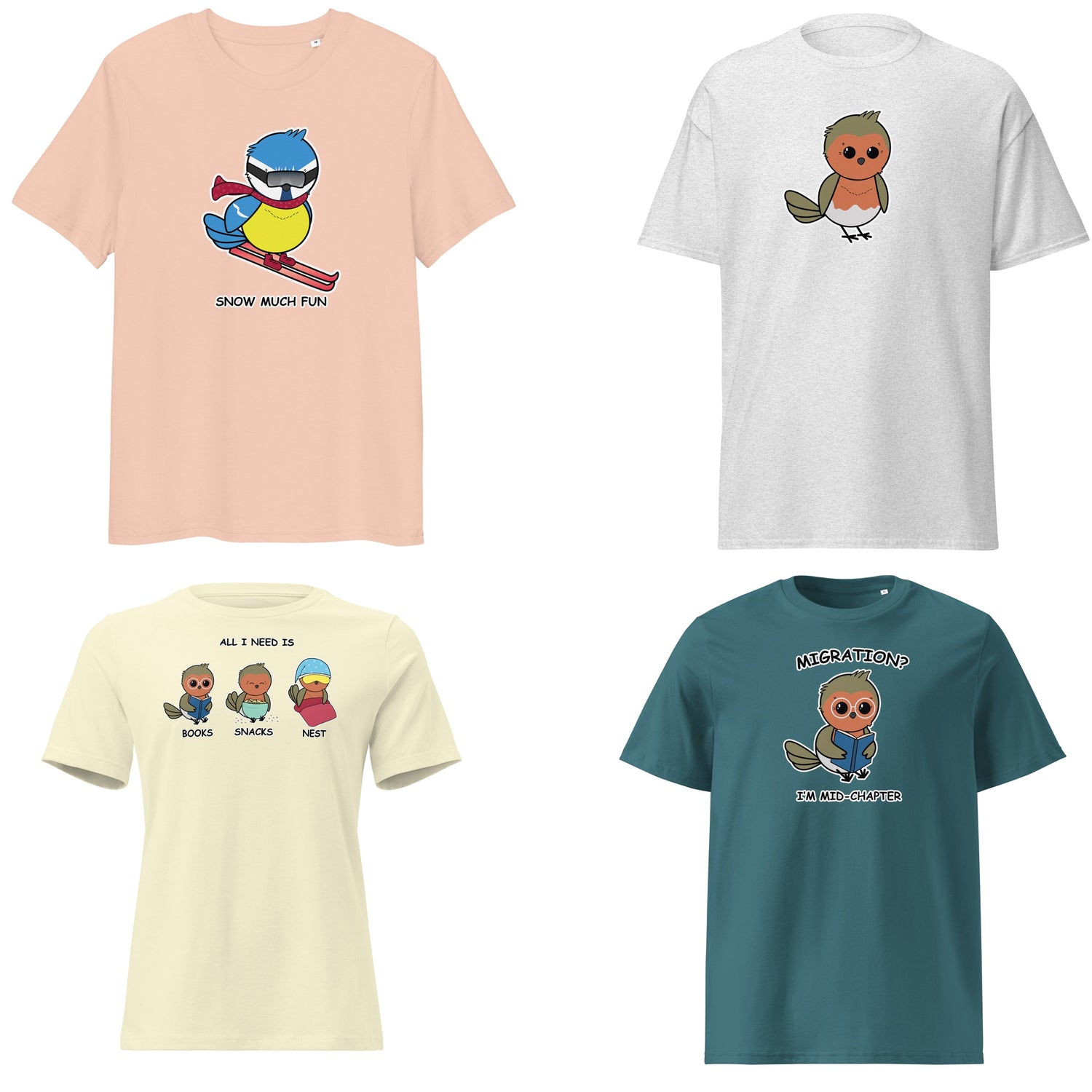 Flat lay of colorful bird-themed t-shirts from Birdyful. Hand-drawn designs featuring cute birds and playful phrases on soft, comfy tees.